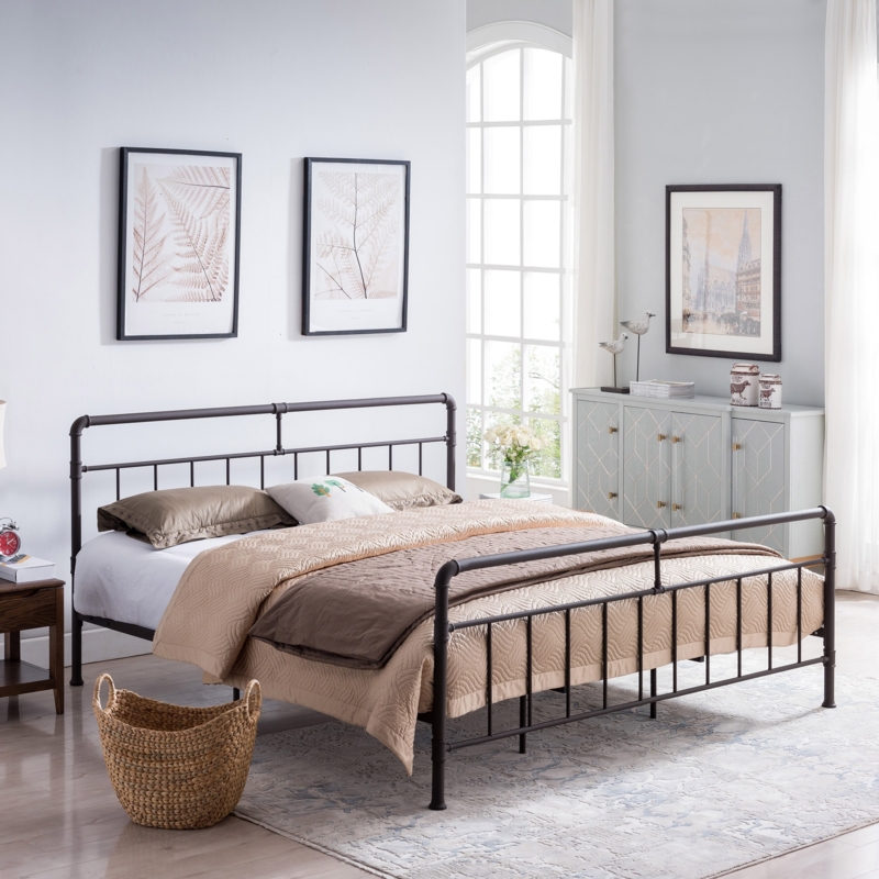 Industrial Pipe Bed Frame with Spindle Headboard & Wood Panels