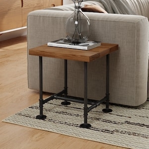 Industrial Pipe Side Table C-Shaped Frame Distressed Wood Top