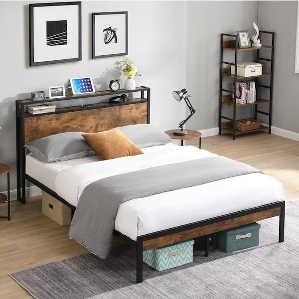 Industrial Platform Bed with Storage Headboard & Charging Station