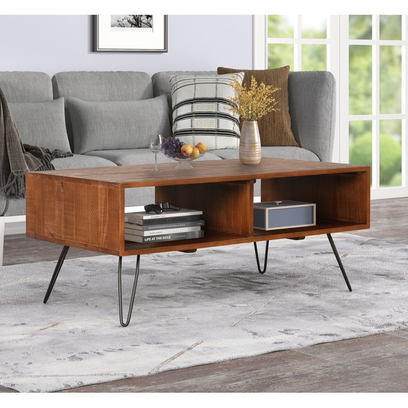 Industrial Rectangular Coffee Table with Thick Top and Black Mesh Shelf