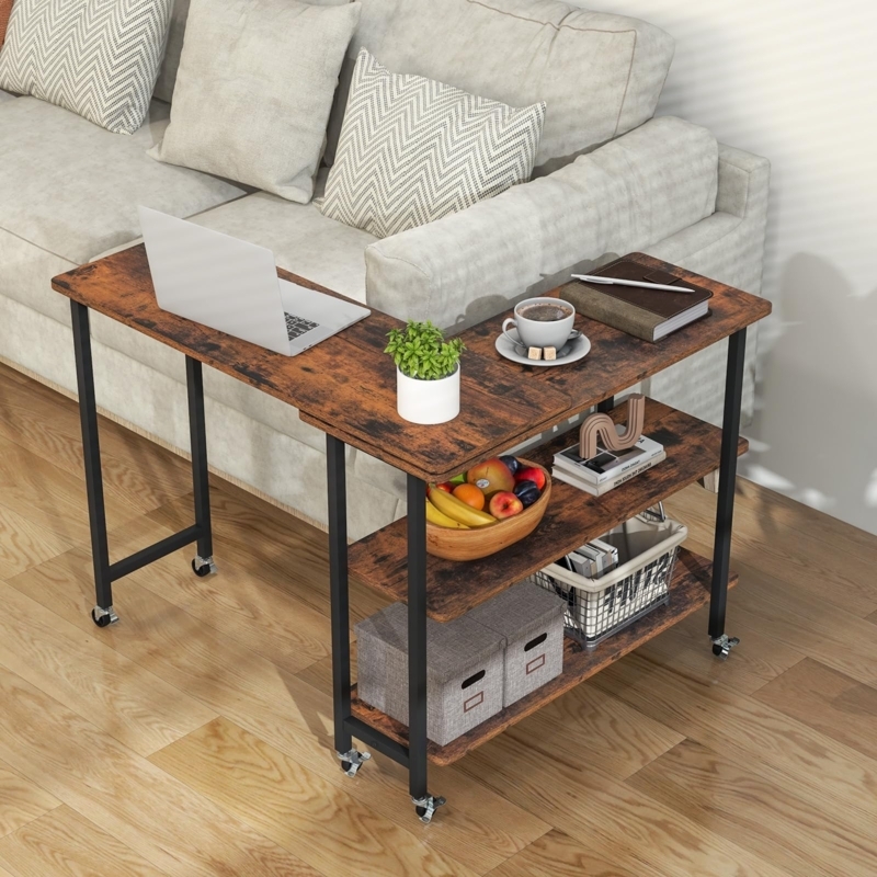 Industrial Rotating Side Table, Matte Black Frame, Lockable Casters