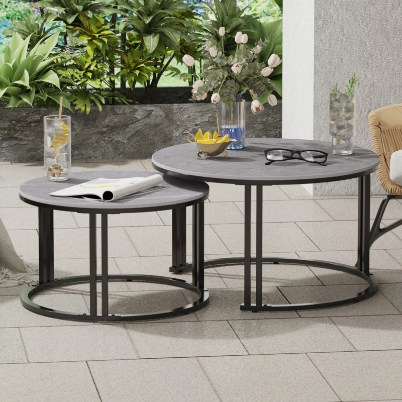 Industrial Round Coffee Table Design Black Marble Effect
