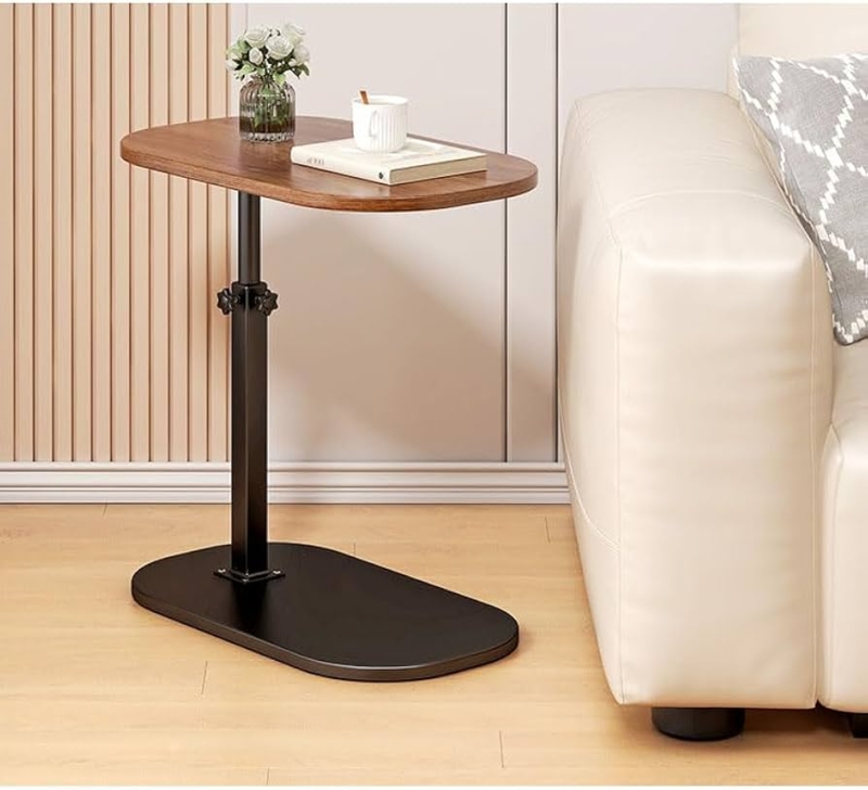Industrial Side Table on Wheels, Adjustable Height, Walnut Top, Black