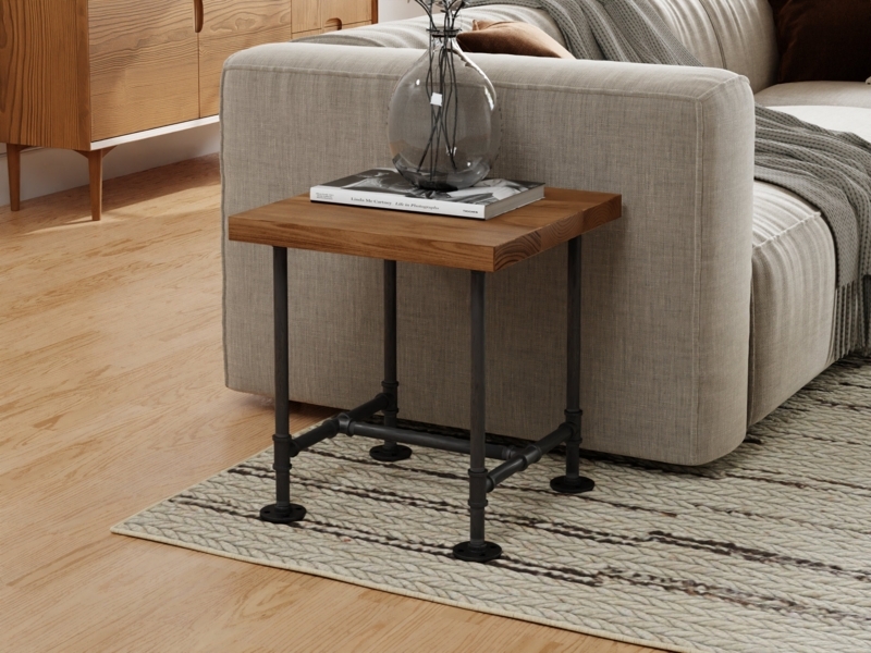 Industrial Side Table with Black Pipe Legs and Two Wood Tiers.