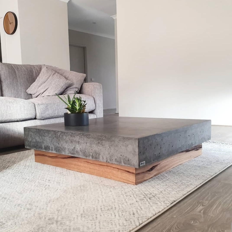 Industrial Square Coffee Table Polished Concrete X-Brace Base