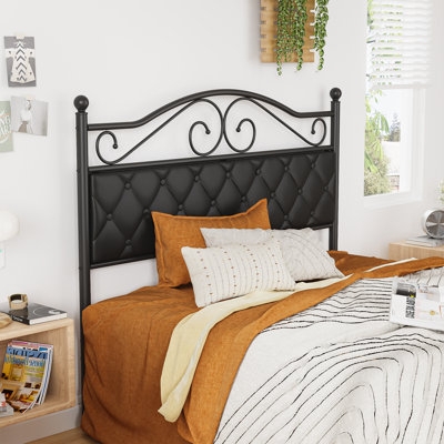 Industrial Tan Faux Leather Headboard with Biscuit Tufting & Black Metal