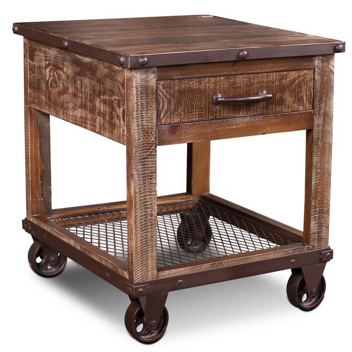 Industrial Three-Tier End Table featuring Exposed Hardware and Casters