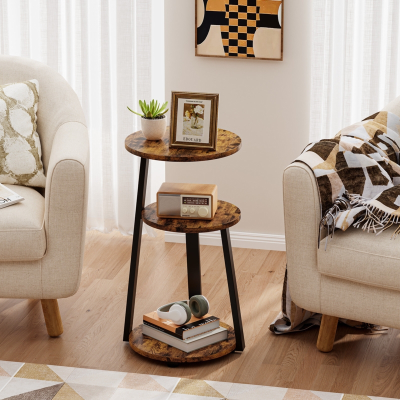 Industrial Three-Tier Round End Table with Wood Shelves