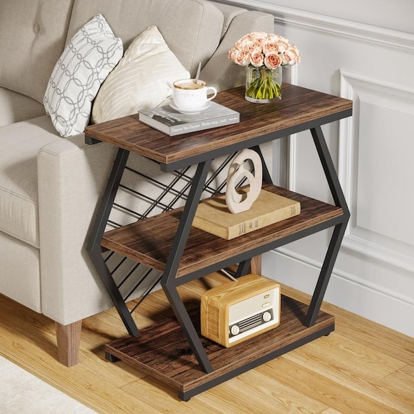 Industrial Three Tier Side Table Rustic Brown Open Shelving
