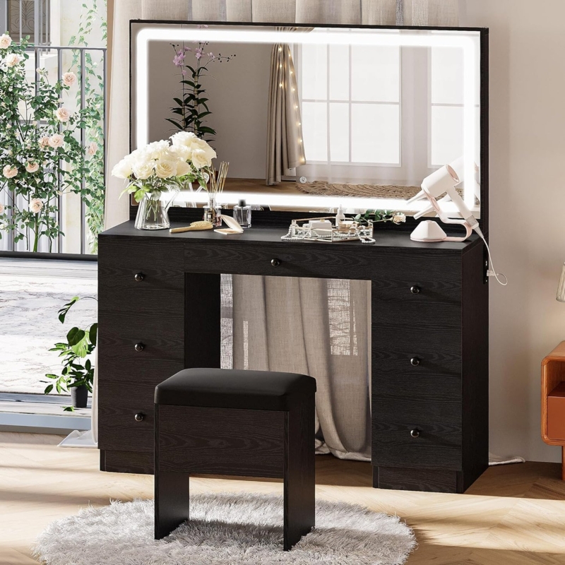 Industrial Vanity Desk with Metal Frame, Seven Drawers and LED Mirror