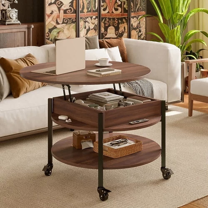 Industrial Walnut Cocktail Table with Lift Top, Casters & Open Shelves