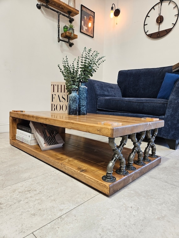 Industrial Wood Coffee Table with Thick Slab and Box Legs