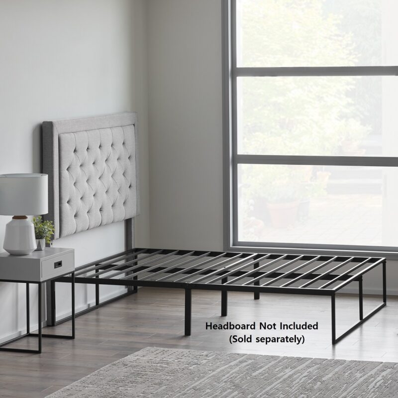 Integrated Wood Slat Platform Bed Matte Black Metal Industrial