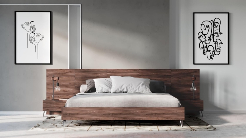 Italian Style Low Profile Bed with Matte Walnut and Split Panels