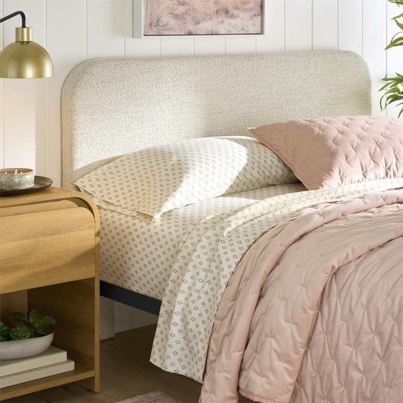 Ivory Boucle Curved Headboard, Textured Fabric, Modern Organic Style