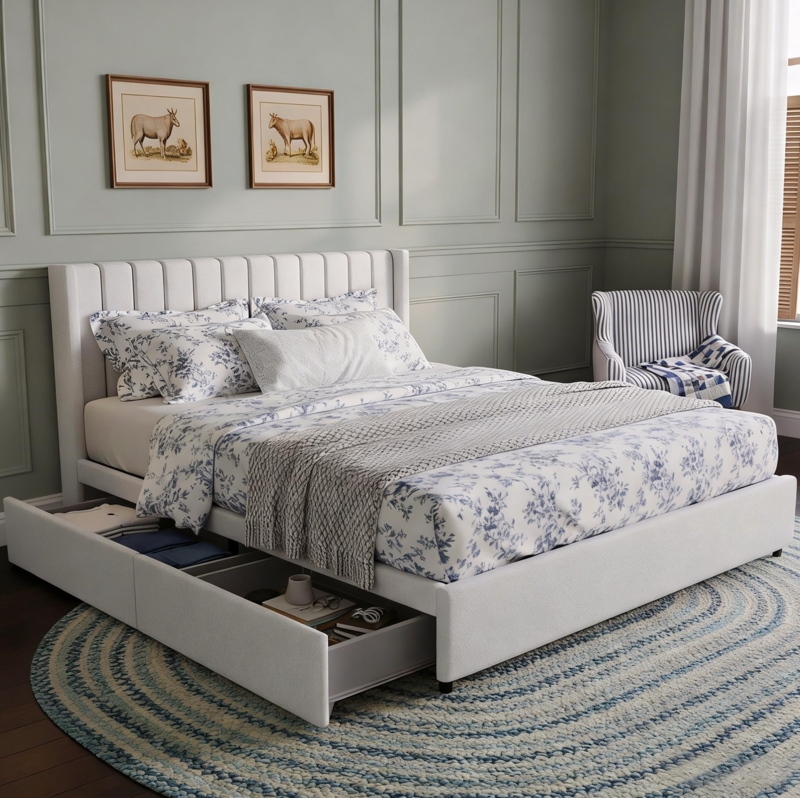 Ivory Boucle Platform Bed with Channel Tufting and Storage Drawers