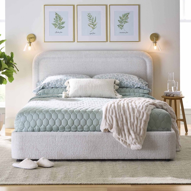 Ivory Boucle Platform Bed with Curved Headboard and Minimalist Style