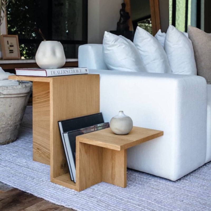 Japandi Side Table, Three Thick Cylindrical Legs, Chunky Wood Top