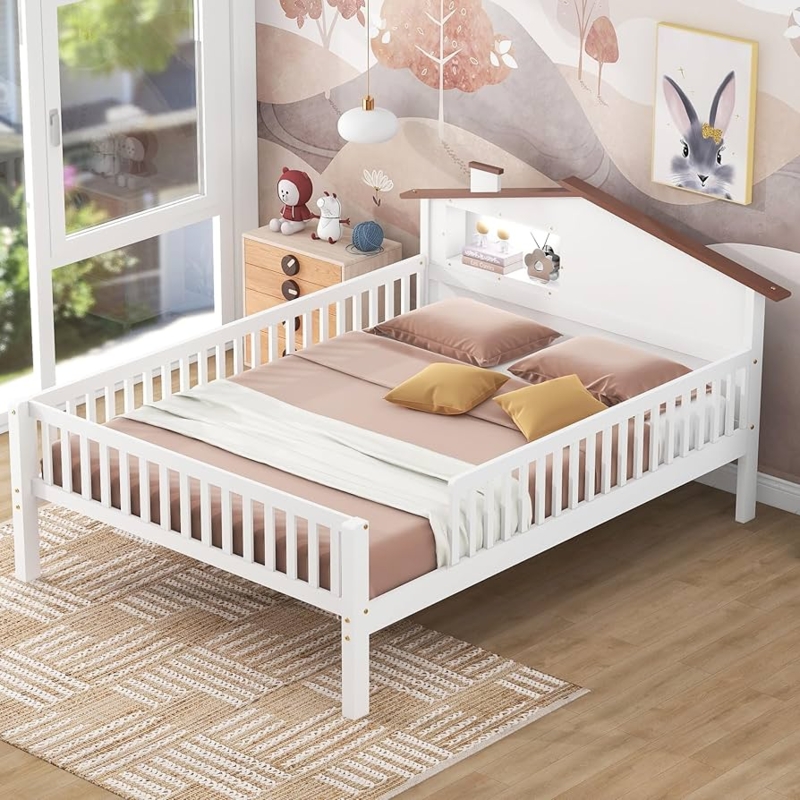 Kids Bed House Shaped Headboard White Underbed LED Light Whimsical