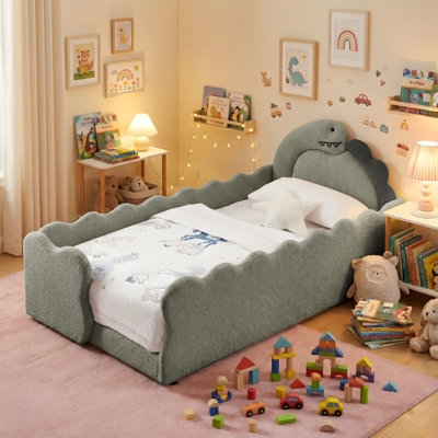 Kids Bed Sage Green Dinosaur Silhouette with Boucle Material