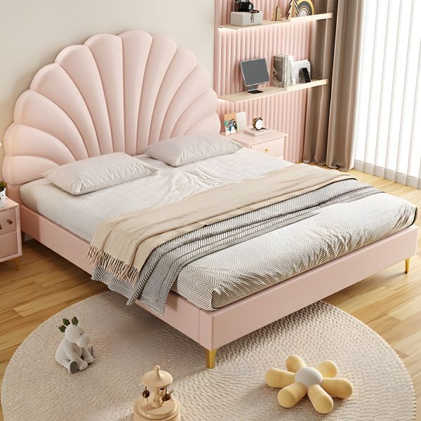 Kids Bed with Ear Shaped Headboard and Pink Upholstery for Nursery