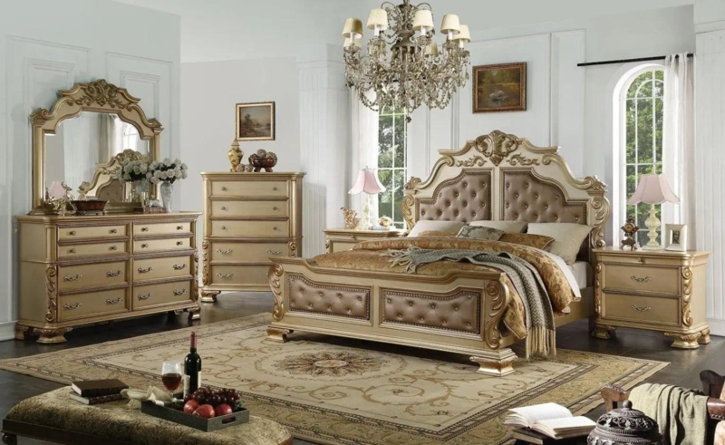 King Bed Ornate Gold Frame Button Tufted Traditional Master Bedroom