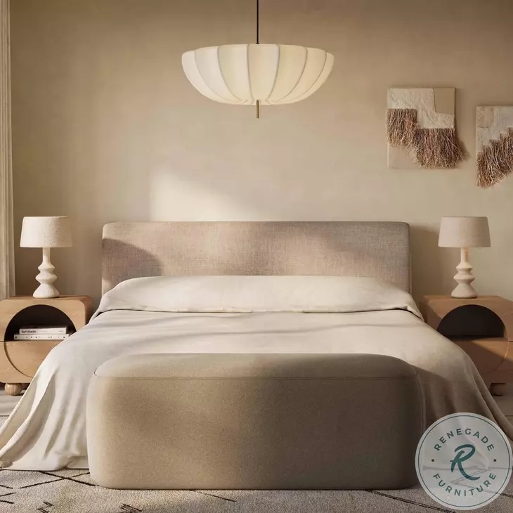 King Bed with Curved Ribbed Headboard in Taupe Textured Velvet