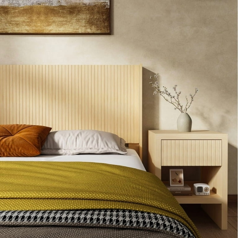King Headboard with Fluted Panel and Wingback Sides, Natural Wood