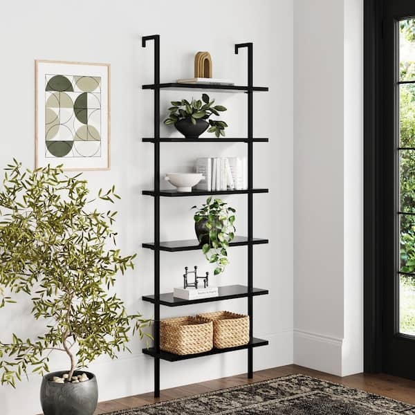 Ladder Bookcase Wall Mount Matte Black Metal Frame Six Tiers Light Wood