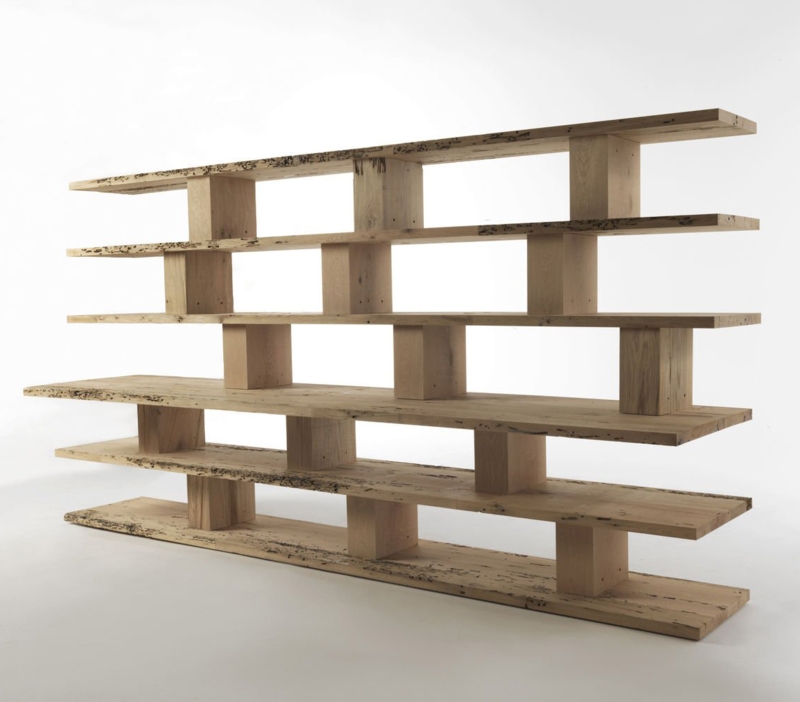 Large Geometric Bookshelf with Irregular Grid and Thick Plank Wood