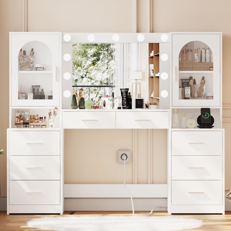 Large Makeup Vanity with Illuminated Mirror and Side Cabinet Storage