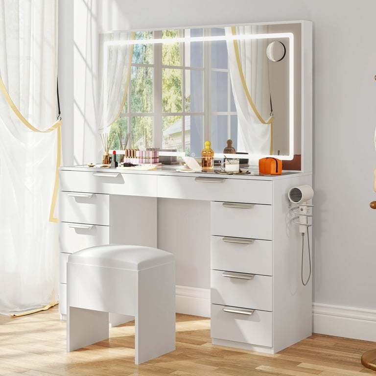 Large Makeup Vanity with Ten Drawers, Glass Top, and Power Hub