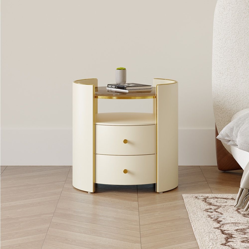 Leather-Like Round Nightstand with Glass Top