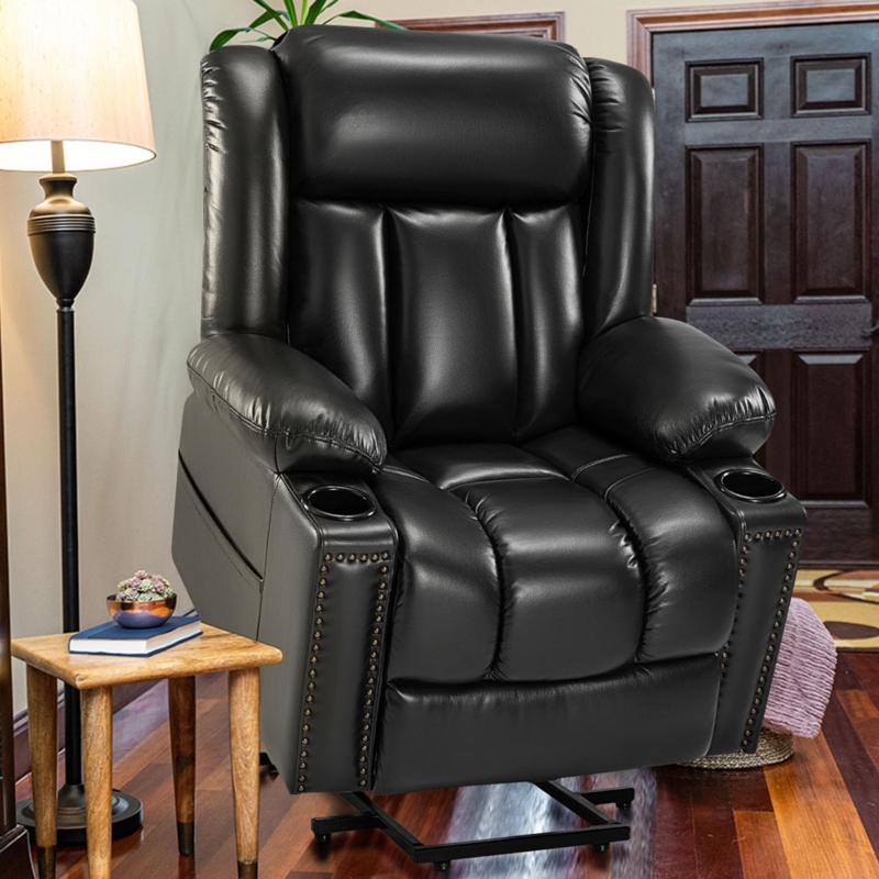 Lift Recliner Chair Power Lift Black Leather Like with Cup Holder