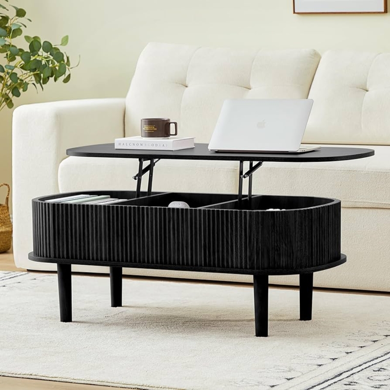 Lift Top Coffee Table, Black Oval Fluted Base Functional Storage