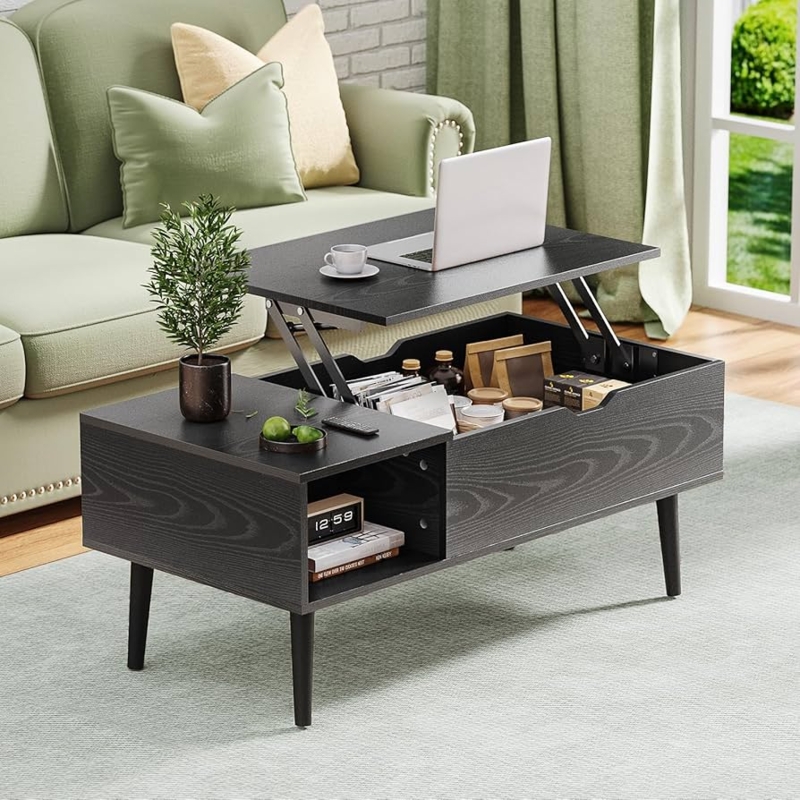 Lift Top Coffee Table Charcoal Black Hidden Storage Lower Shelf