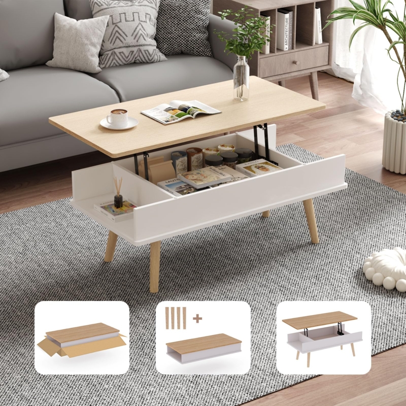 Lift Top Coffee Table in Light Oak with Open Shelf and Hidden Storage