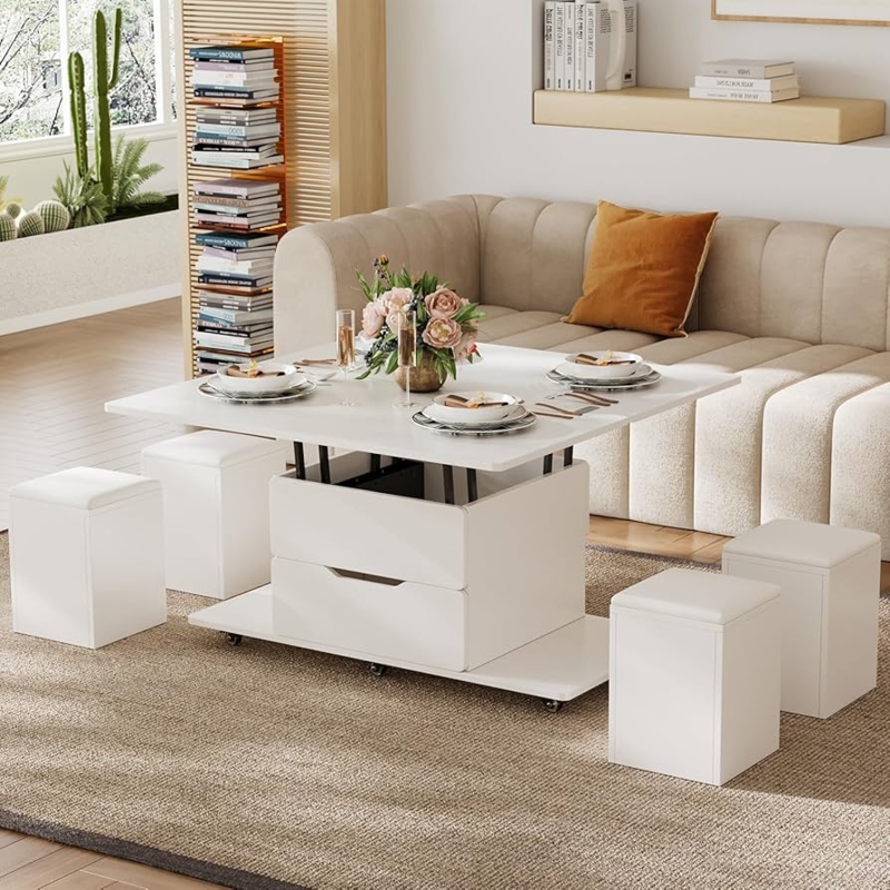 Lift Top Coffee Table with Stools, Modern White Finish & Hidden Storage