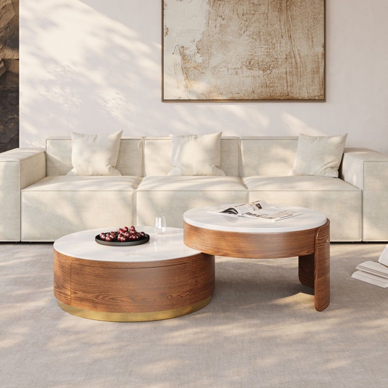Lift Top Nesting Coffee Table, Modern Stone Like Top, Fluted Wood Base