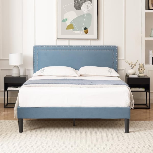 Light Blue Platform Bed with Vertical Channel Tufting & Metal Frame