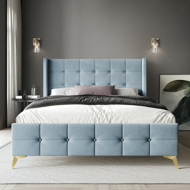 Light Blue Velvet Upholstered Bed with Channel Tufting