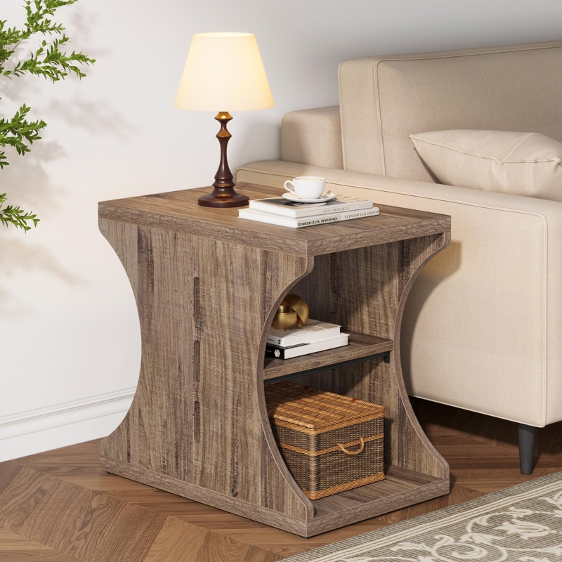 Light Brown Narrow End Table Three-Tier Open Shelving Farmhouse