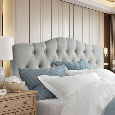 Light Gray Linen-Like Headboard with Classic Rectangular Button Tufting