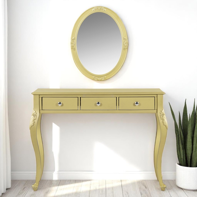Light Gray Makeup Vanity with Vertical Ribbed Fronts and Metal Legs