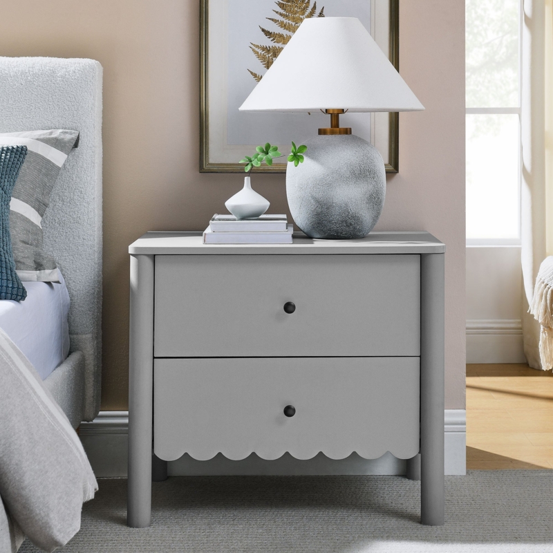 Light Gray Nightstand Featuring Scalloped Drawer Detail and Gold Knobs