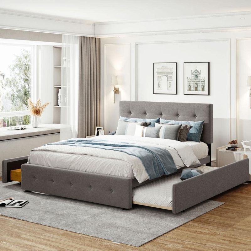 Light Gray Platform Bed with Trundle and Drawer Combo Storage