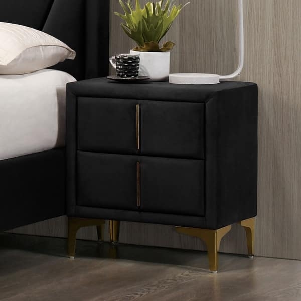 Light Grey Fabric Nightstand with Shimmering Drawer Border
