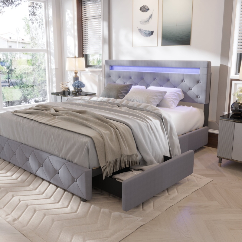 Light Grey Platform Bed with Channel Tufting and Integrated LED Storage