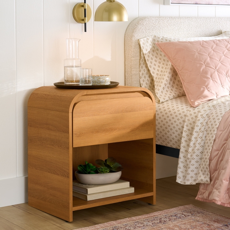 Light Honey Nightstand Integrated USB Open Cubby