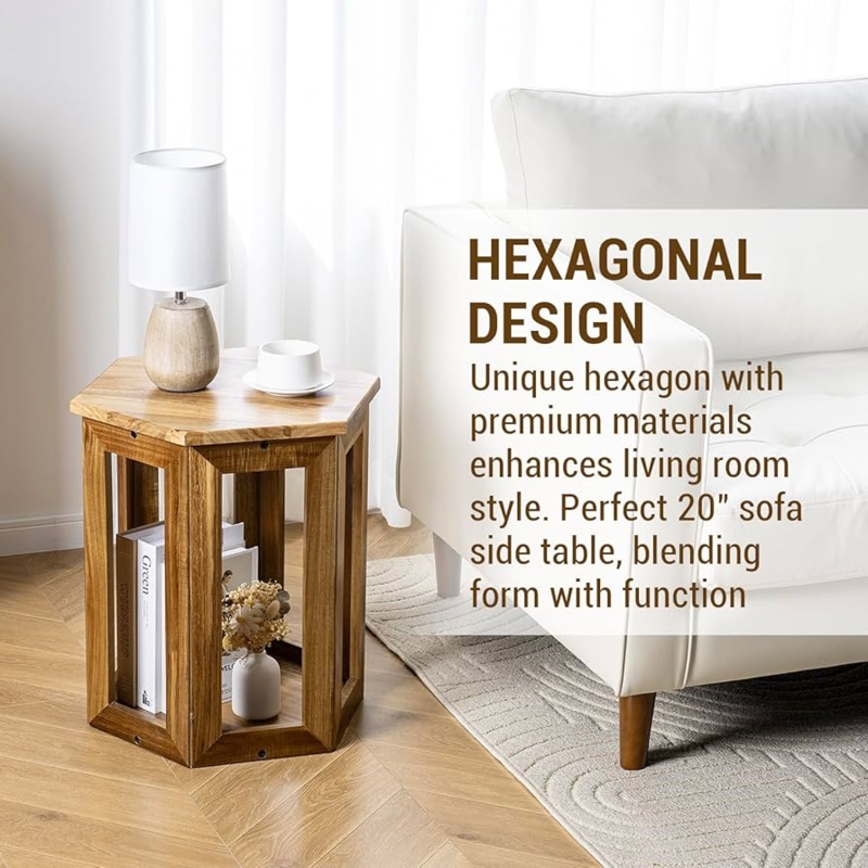 Light Honey Wood Hexagonal End Table with Tripod Legs and Shelf